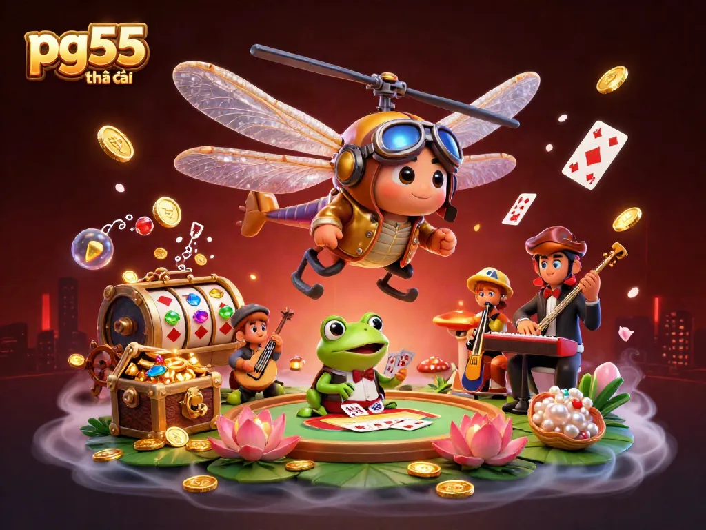 Engage in thrilling action at pg55 nhà cái with a dynamic scene of a dragonfly pilot, frog dealer, and musical crickets among vibrant casino elements.