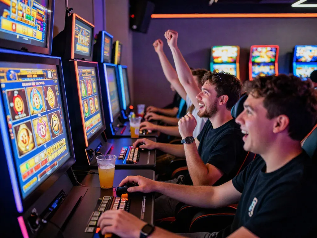 Players experiencing luxury12 slots and celebrating wins in a vibrant gaming lounge.