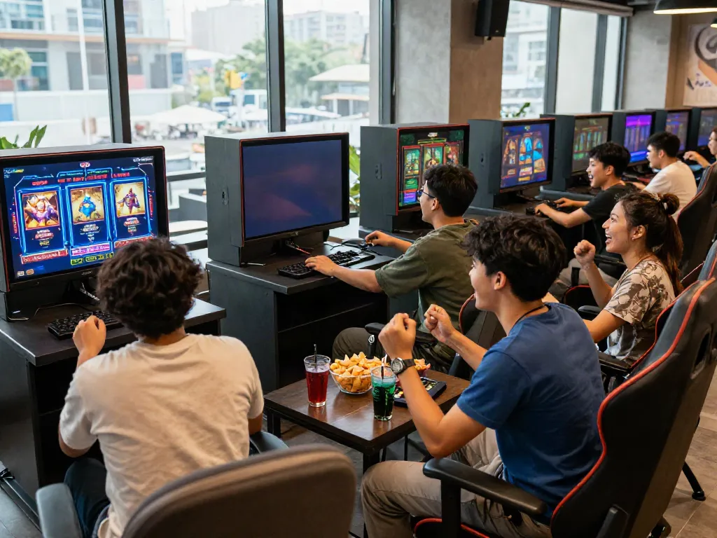 Friends enjoying slot gacor gaming in a vibrant lounge with snacks.