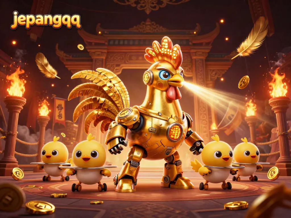 jepangqq menghadirkan robot ayam emas futuristik di arena pertempuran kartu dengan efek api.