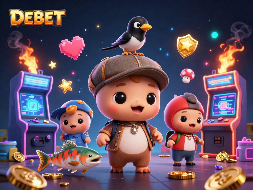 Engage with DEBET through a vibrant scene of baby Nessie in a casino, packed with playful gaming elements.