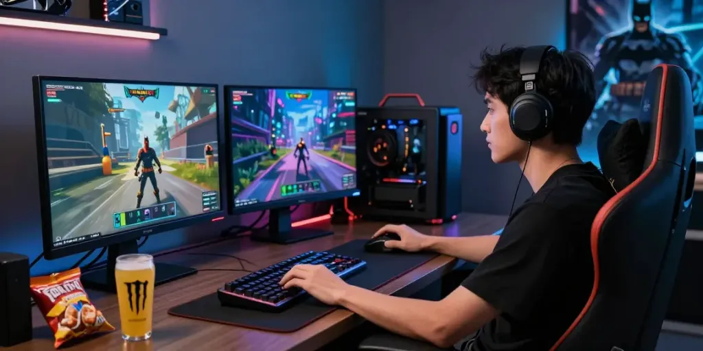 Immersive online gaming experience featuring Batman138, showcasing user engagement in a modern setup.