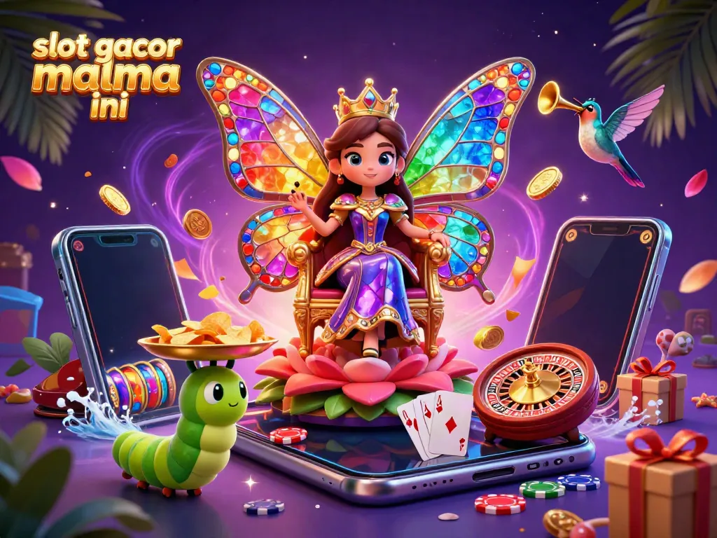 Experience thrilling gameplay with slot gacor malma ini, featuring a whimsical butterfly queen amidst gaming elements.