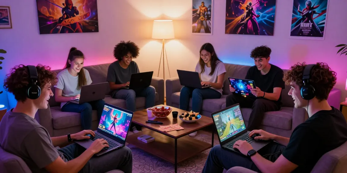 Group of friends enjoying popular sexgames on their devices in a vibrant gaming atmosphere.