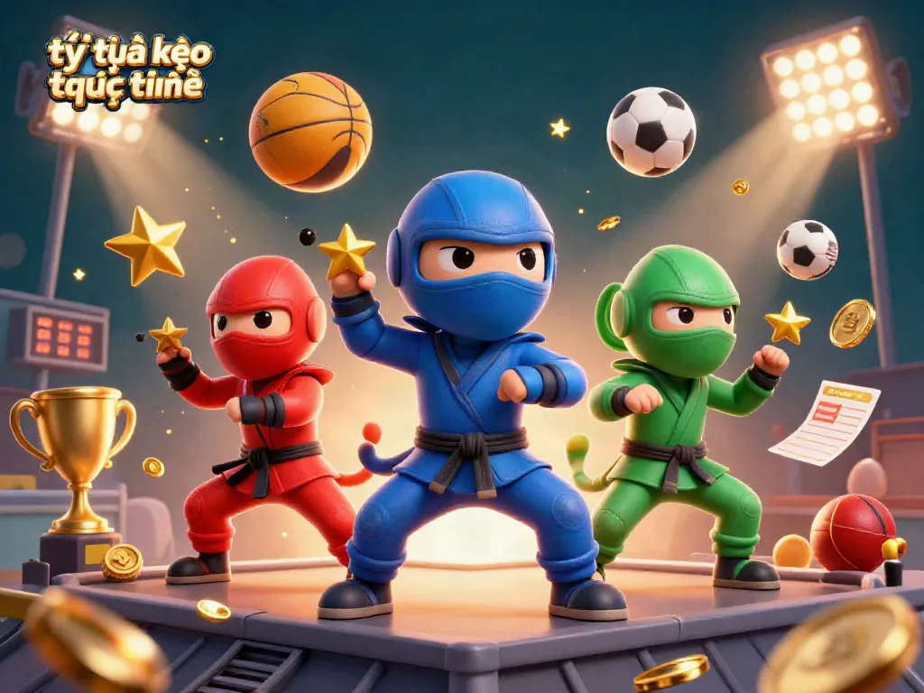Engage with tỷ lệ kèo trực tuyến through an action-packed 3D illustration featuring ninja chameleons and dynamic sports elements.