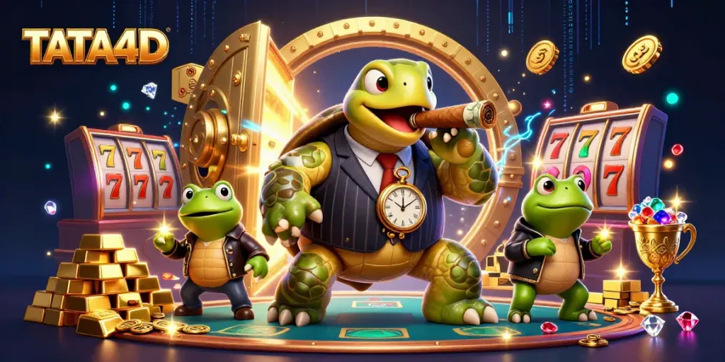 TATA4D gaming illustration featuring a turtle in a mobster suit with vibrantly scattered slot reels.