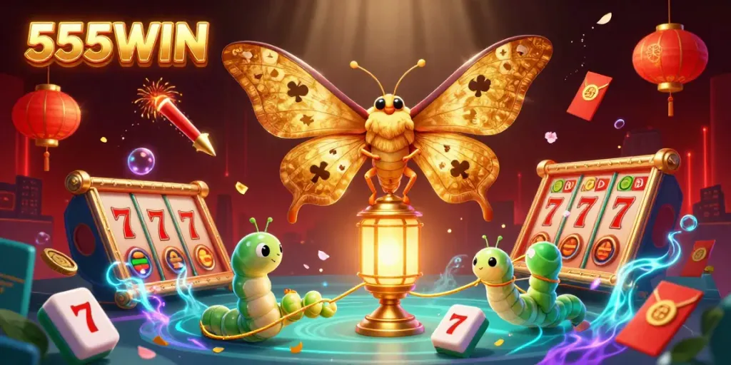 Engage in the exciting world of 555WIN with vibrant casino-themed visuals of a majestic moth and slot game elements.