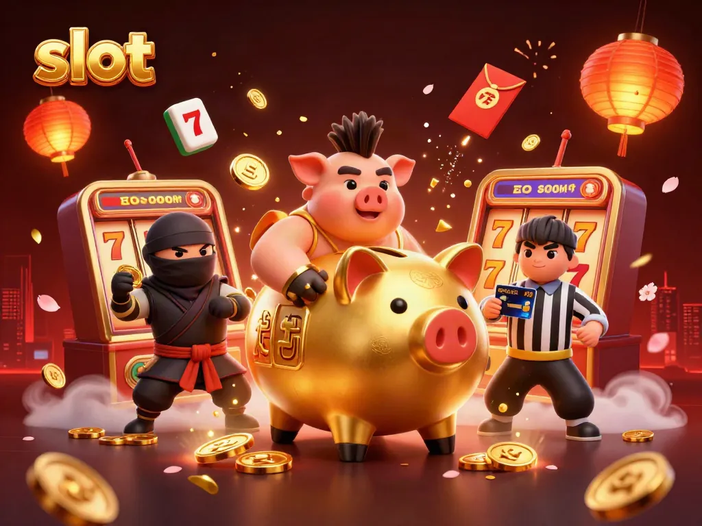 Engaging slot scene with golden pig sumo wrestler, wallet ninja, and samurai referee amidst dynamic casino elements.