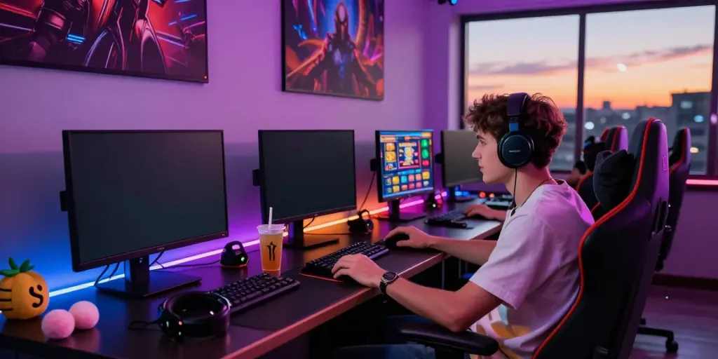 Gamer enjoying akunjp online slots in a vibrant gaming lounge.