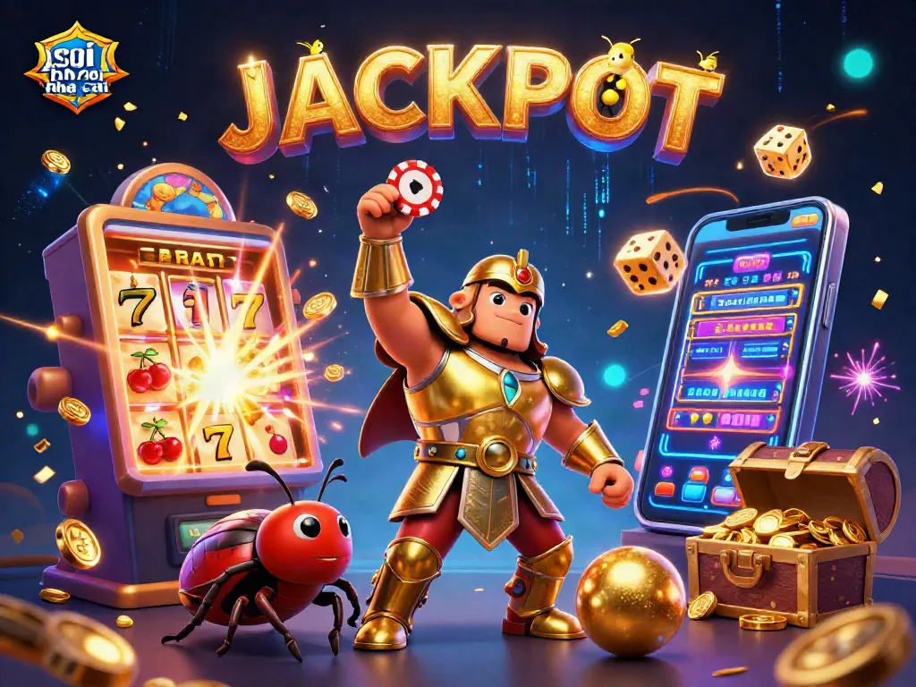 Soi keo nha cai with a heroic beetle winning a poker chip surrounded by dynamic casino elements
