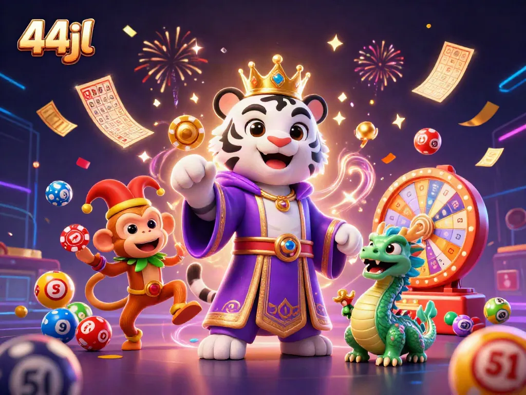 Win big at 44jl Casino with vibrant celebrations featuring a lively white tiger and festive elements.