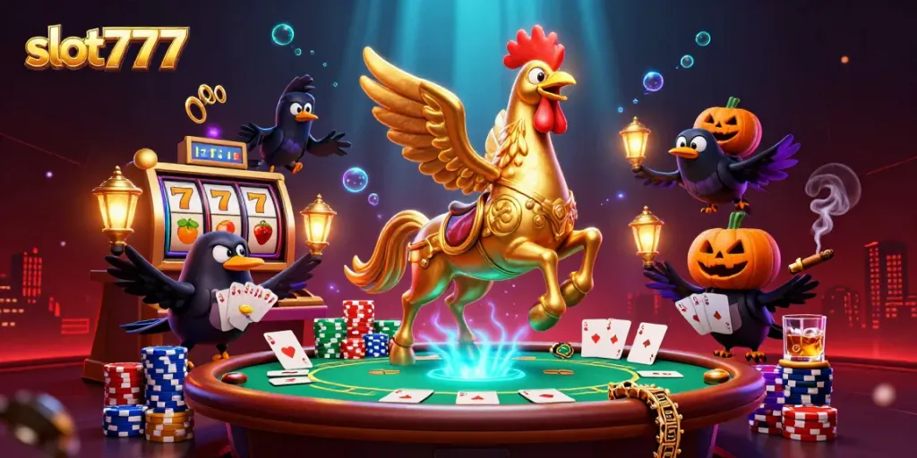 Experience the thrill of slot777 with vibrant slot reels and a golden rooster in a midnight casino.