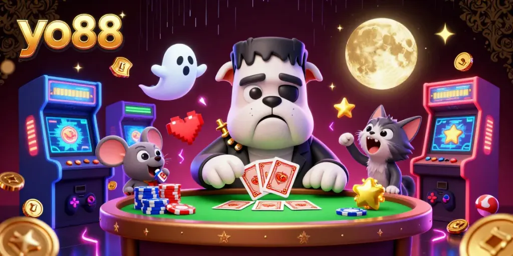 Engage in thrilling gaming action at yo88 with colorful characters at a spooky casino table.