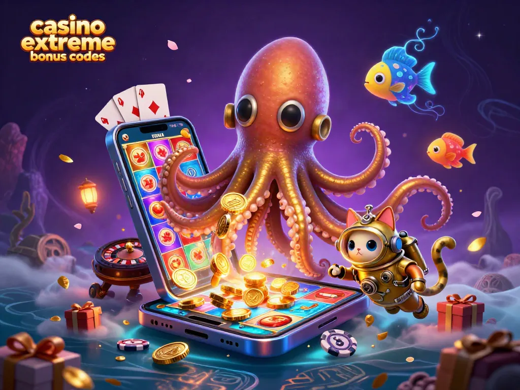 Win with casino extreme bonus codes in an exciting underwater casino scene featuring a kraken and diving cat.