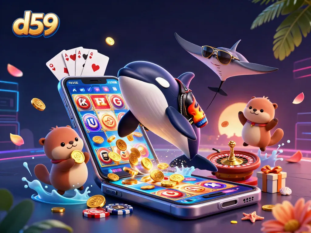 Diving into d59 slots with a vibrant 3D scene of characters celebrating casino wins, featuring the thrill of golden coins.
