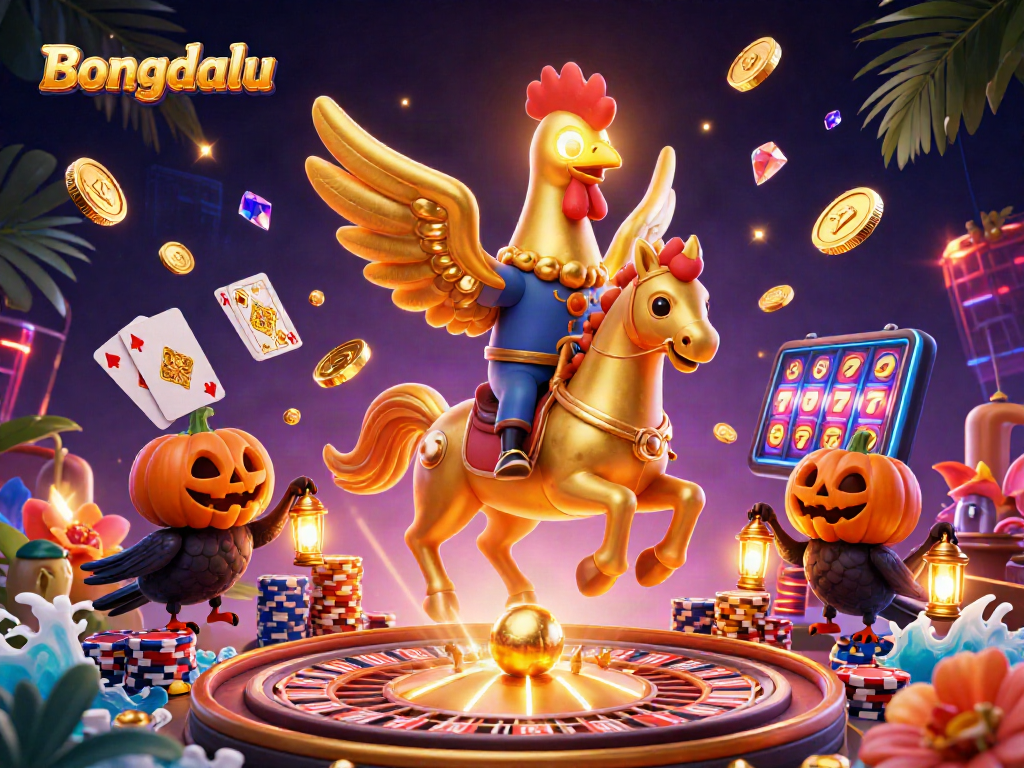 Bongdalu captures thrilling moments of casino gaming with a golden rooster in a vibrant midnight scene.