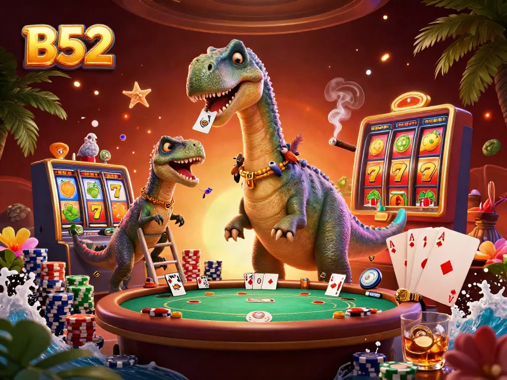 Experience the excitement of B52 casino with slot reels and vibrant characters in dynamic action.