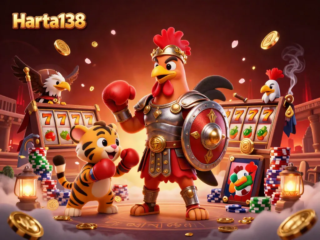 Harta138 slot gacor dengan ayam jantan pejuang dan pasangan sparring, suasana kasino yang menarik.