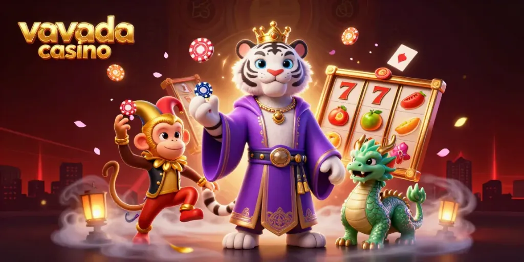 Experience thrilling gameplay at vavada casino with a vivid 3D illustration featuring a regal tiger, jester monkey, and jade dragon