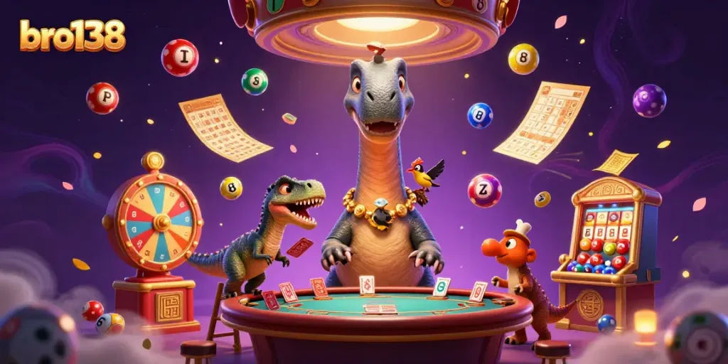 Experience thrilling gaming with bro138's vibrant casino scene featuring a brontosaurus and clever raptor.