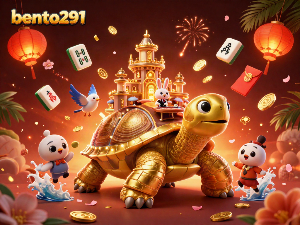 Engage with bento291's vibrant 3D casino scene featuring a golden tortoise and rabbit dealer.