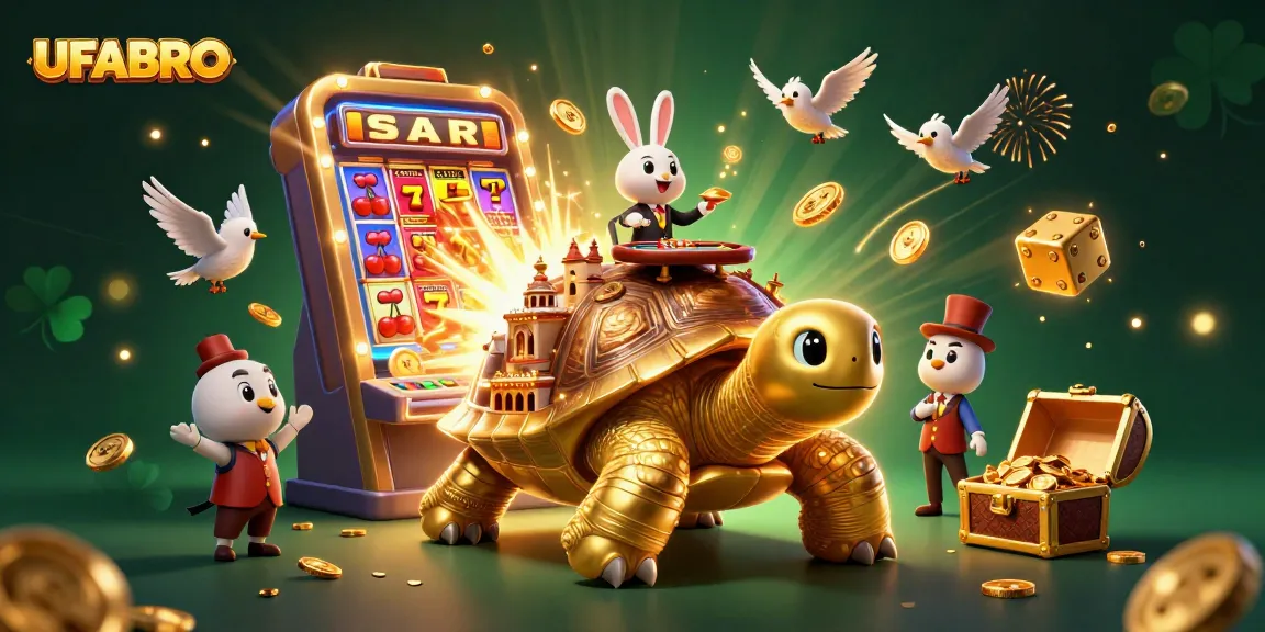 Spin to win at UFABRO's colorful slot paradise, featuring dynamic casino scenes and vibrant characters.