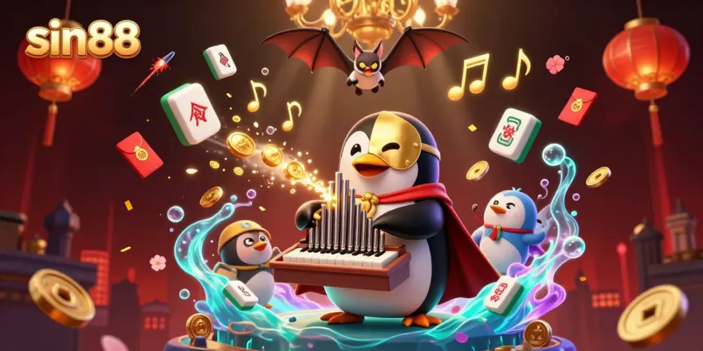 Watch sin88's 3D cartoon penguin playing the organ surrounded by vibrant casino elements.