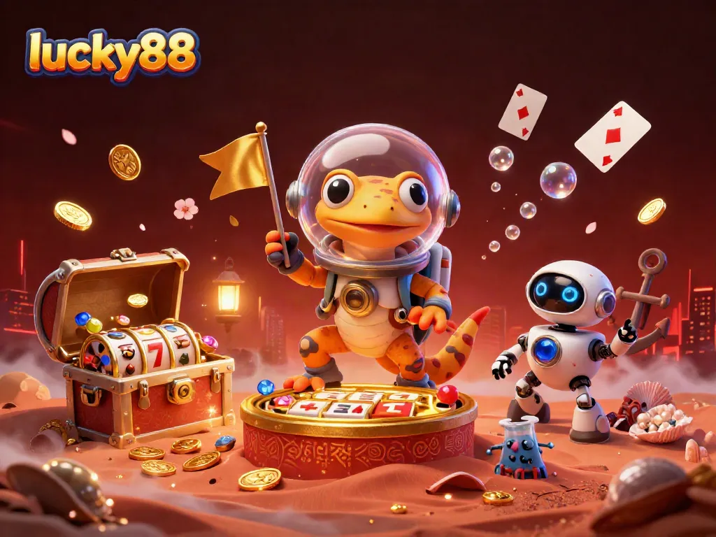 Experience the lucky88 slot adventure with a Martian gecko in a vibrant casino scene bursting with excitement.
