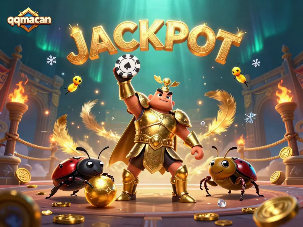 Experience a victory moment with qqmacan as a golden-armored beetle lifts a poker chip amidst a jackpot celebration.