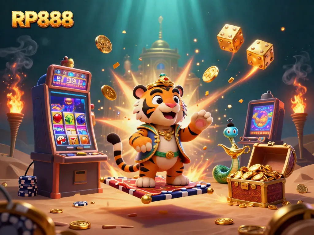Experience RP888 with a magical tiger sultan and vibrant slot elements in an enchanting casino scene.