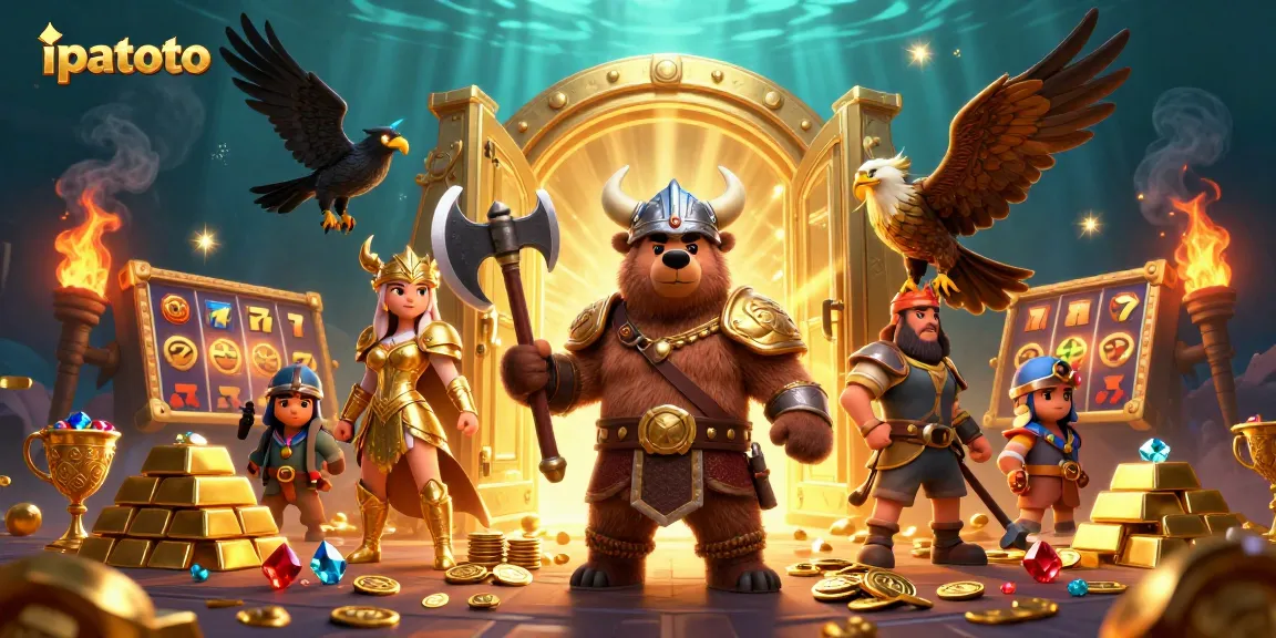 Experience thrilling ipatoto gaming with a Viking bear and Valkyrie amidst treasures.