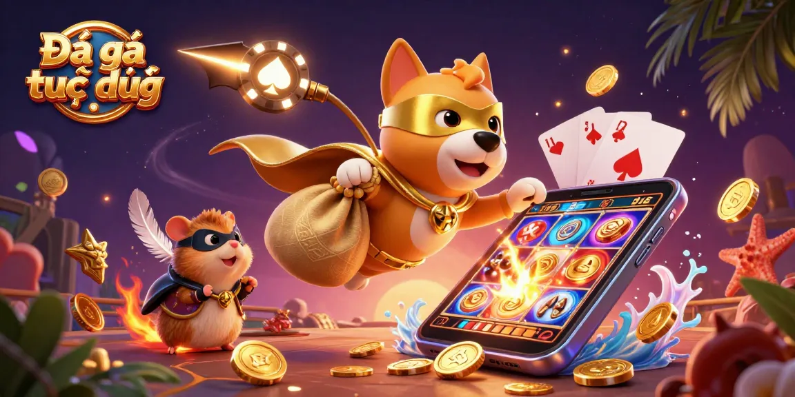Experience Đá gà trực tiếp in an action-packed scene with a superhero dog and game elements.