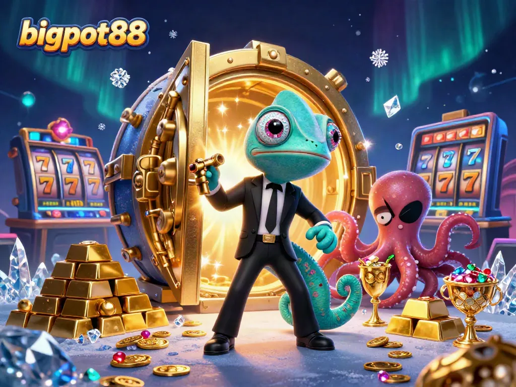 Melihat bigpot88 sementara chameleon agen rahasia, gecko cerdas, dan gurita villain bermain slot di kasino virtual
