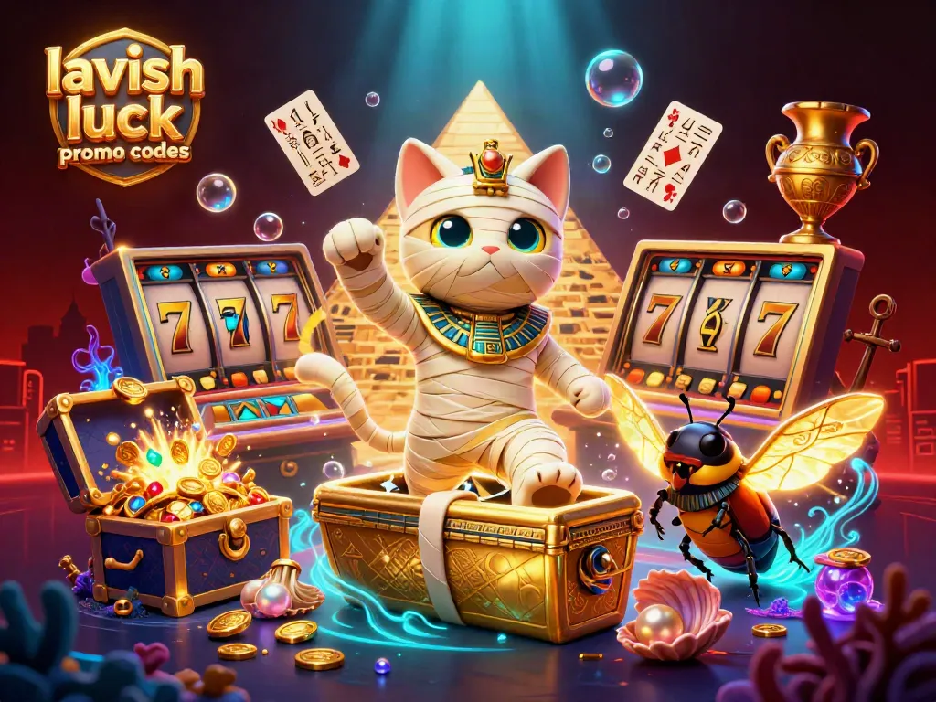 Engage with lavish luck promo codes through a vibrant casino scene showcasing Egyptian characters and slot themes.