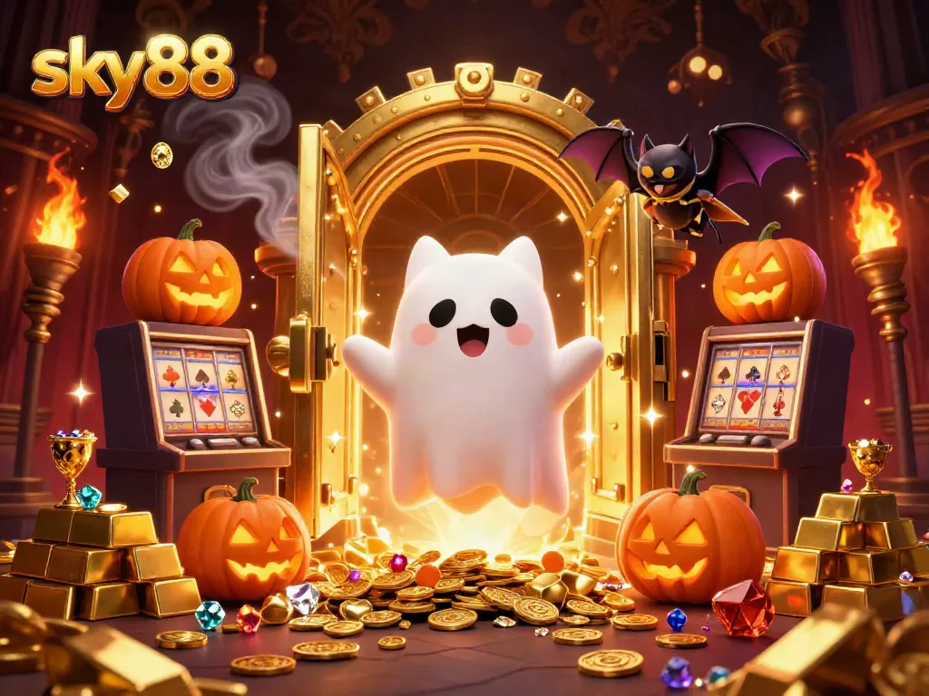 Experience thrills with sky88 as a friendly ghost cat and vampire bat illuminate a haunted casino scene.