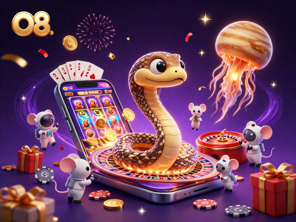 Place your bets at O8 with a vibrant illustration of a cosmic casino featuring unique characters and elements.