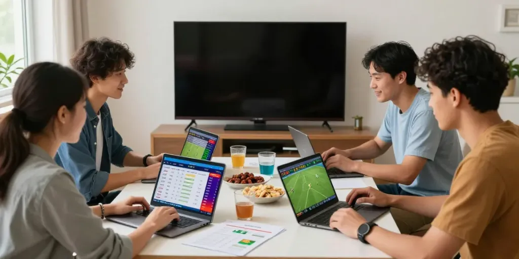 WWBOLA sports betting group analyzing match stats with excitement.