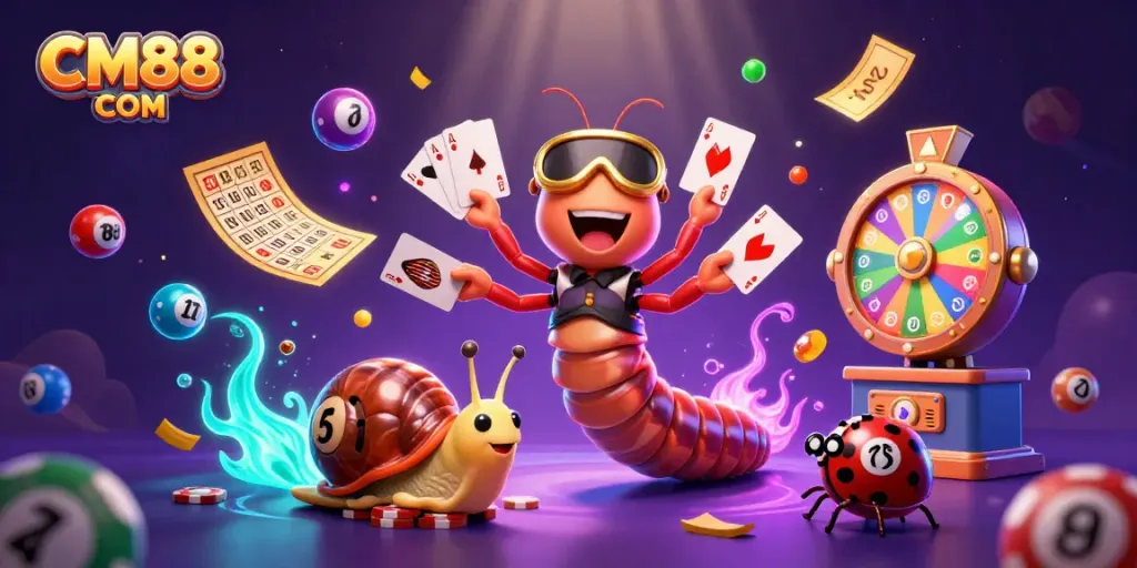 Engaging 3D illustration showcasing CM88 COM with colorful lottery and gaming elements in a vibrant casino setting.