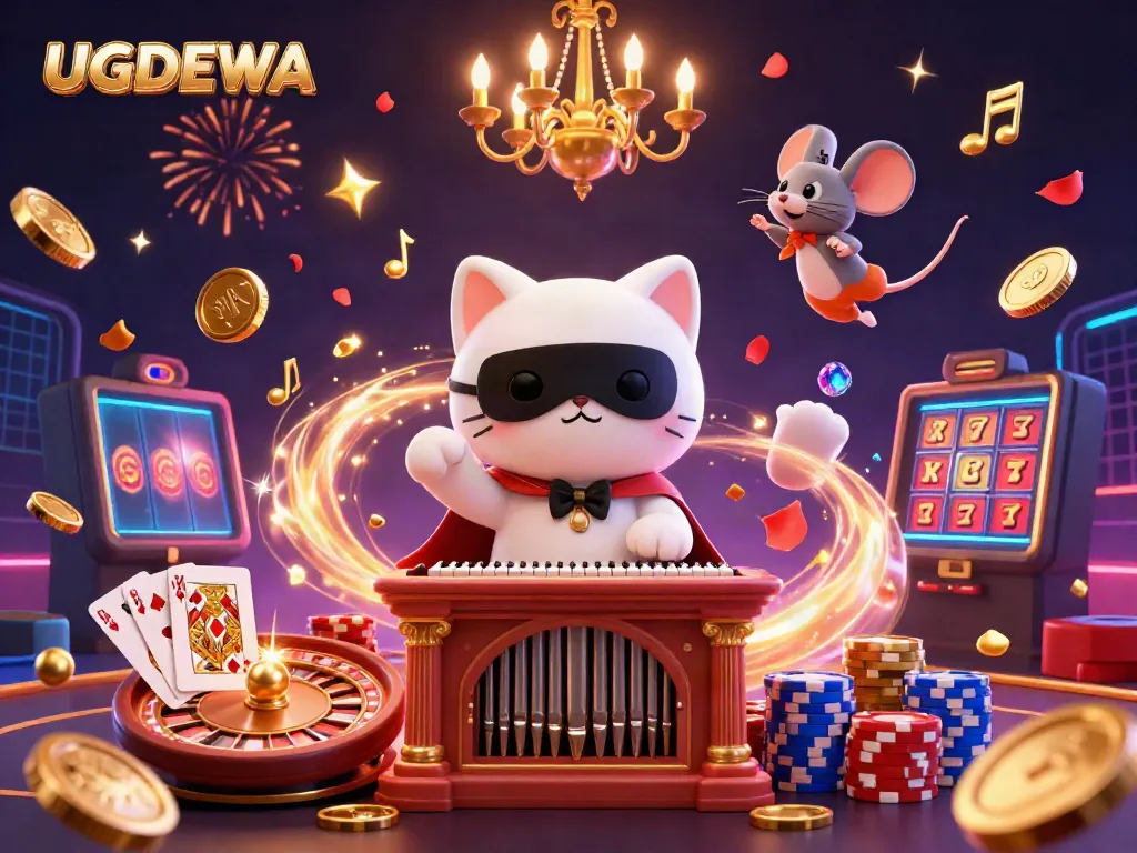 Experience the thrill of UGDEWA with a 3D illustration of a casino and gaming adventure.