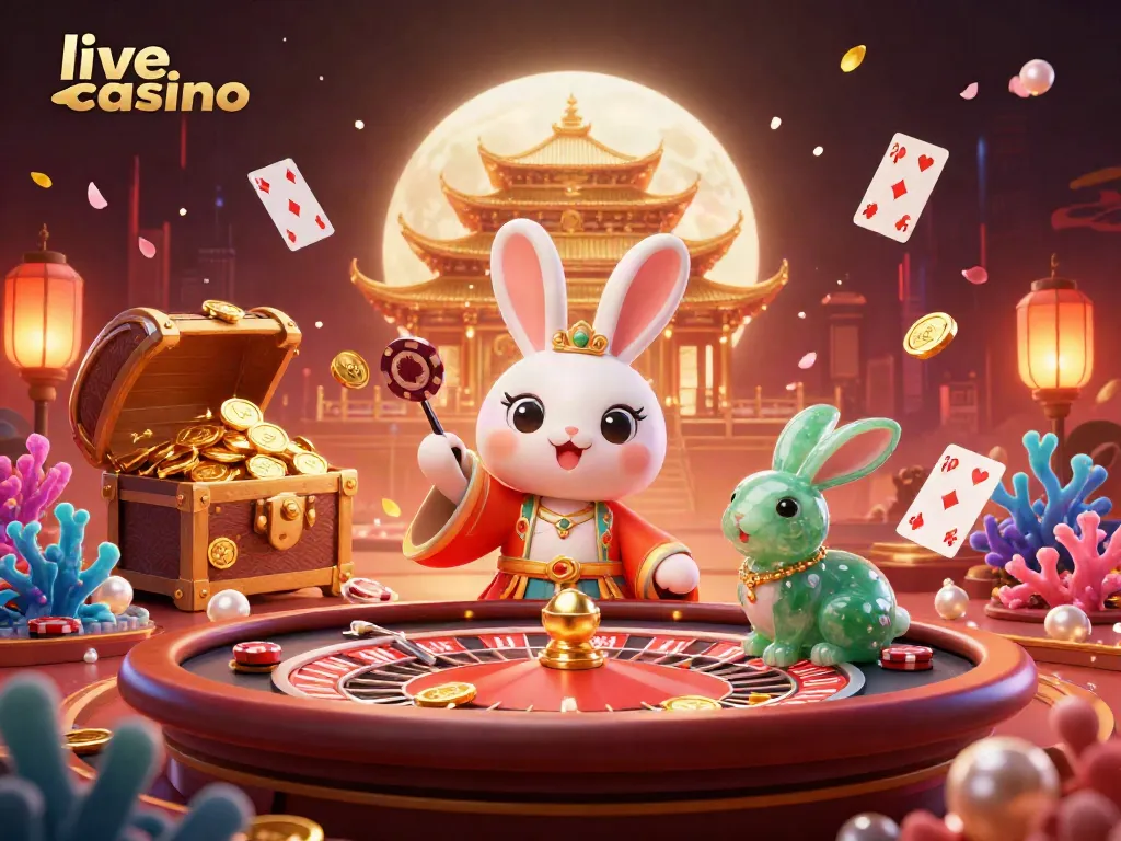 Experience the excitement of live casino action with a whimsical moon rabbit surrounded by poker elements and energetic game visuals.