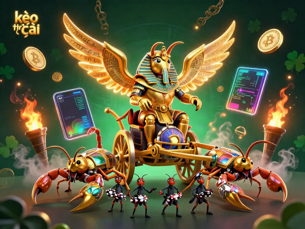 Experience kèo nhà cái with a vibrant scene of a golden scarab beetle showcasing thrilling gambling elements like poker chips and crypto coins.