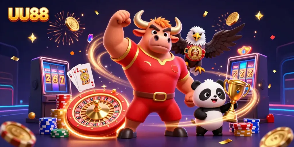 UU88 celebrates winning moments with a victorious bull, eagle, and panda in a vibrant casino scene.