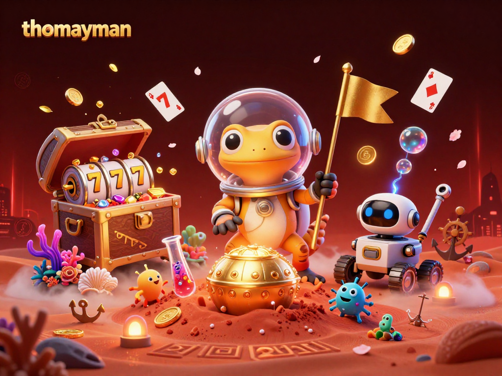 Experience the thrilling action at thomayman, showcasing a vibrant casino scene with a Martian gecko and dynamic game elements.