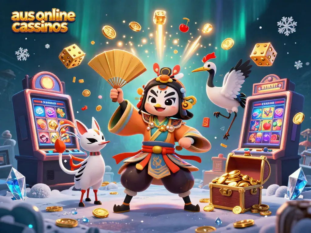 Engaging scene of aus online casinos with lively characters, vibrant slots, and dynamic gaming elements.