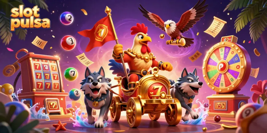 Experience slot pulsa action with a cartoon rooster warlord leading a dynamic gaming adventure.
