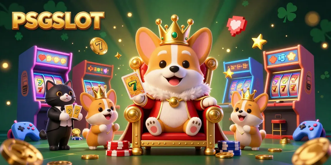 Spin and win with PSGSLOT, where royal corgis and vibrant gaming collide in a dynamic casino scene.