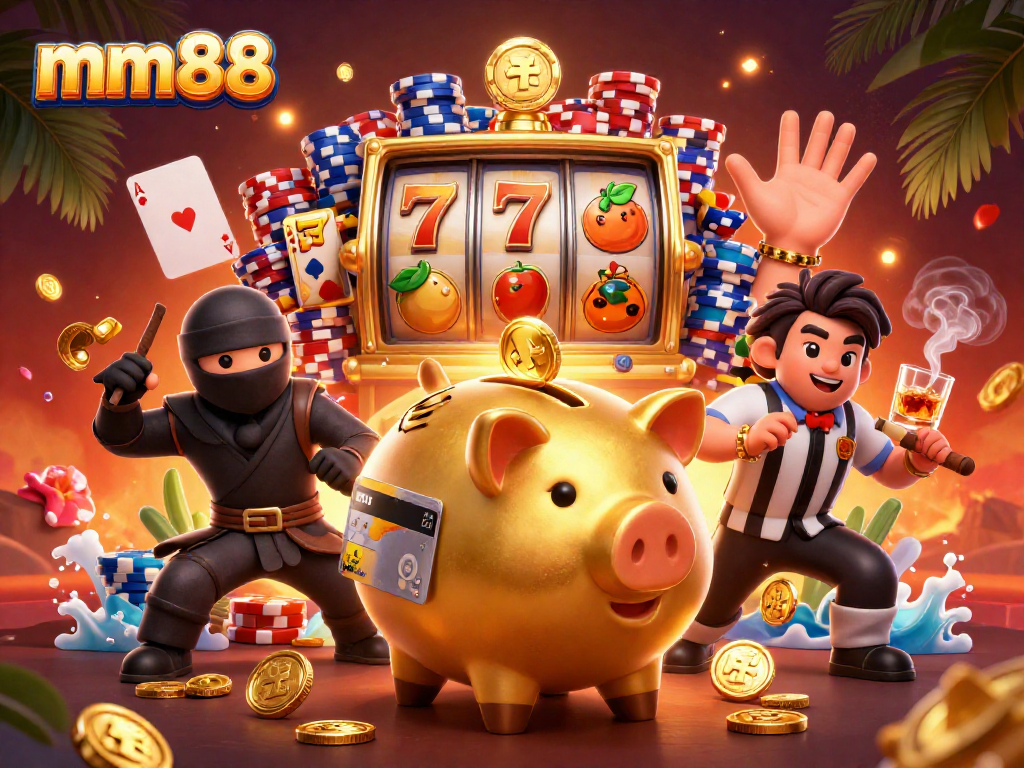 Experience the excitement of mm88 with vibrant gaming characters and thrilling slots in this engaging 3D illustration.