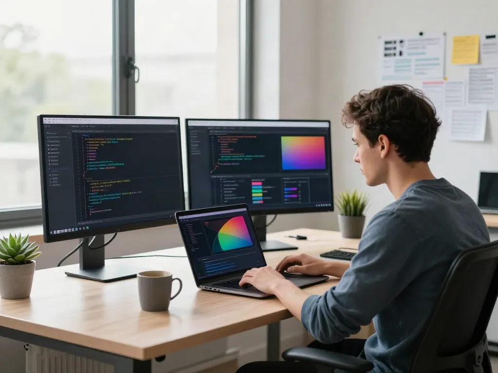 Developer coding in a modern office with a8 technology setup