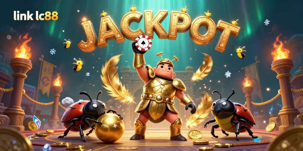 Engage with link lc88 in the vibrant online casino world featuring a victorious beetle and dynamic elements.