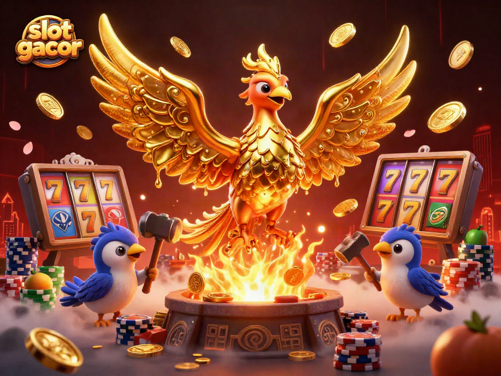 Experience high-stakes excitement with slot gacor featuring golden phoenix, dynamic slot reels, and vibrant poker elements.